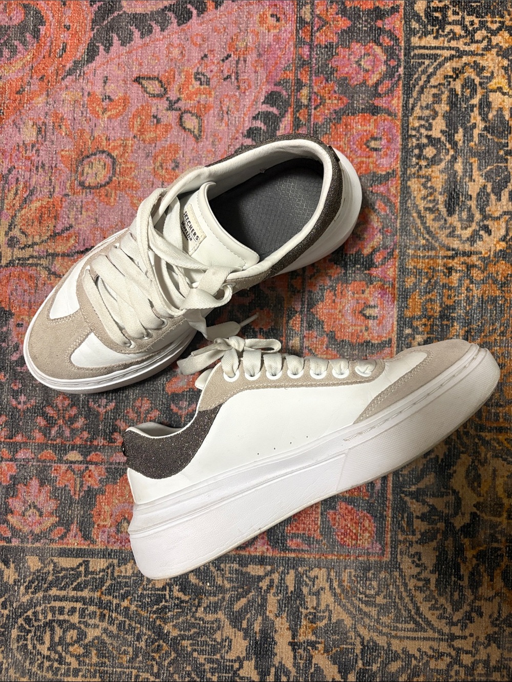 Skechers White and Beige Suede Lace-Up Platform Sneakers